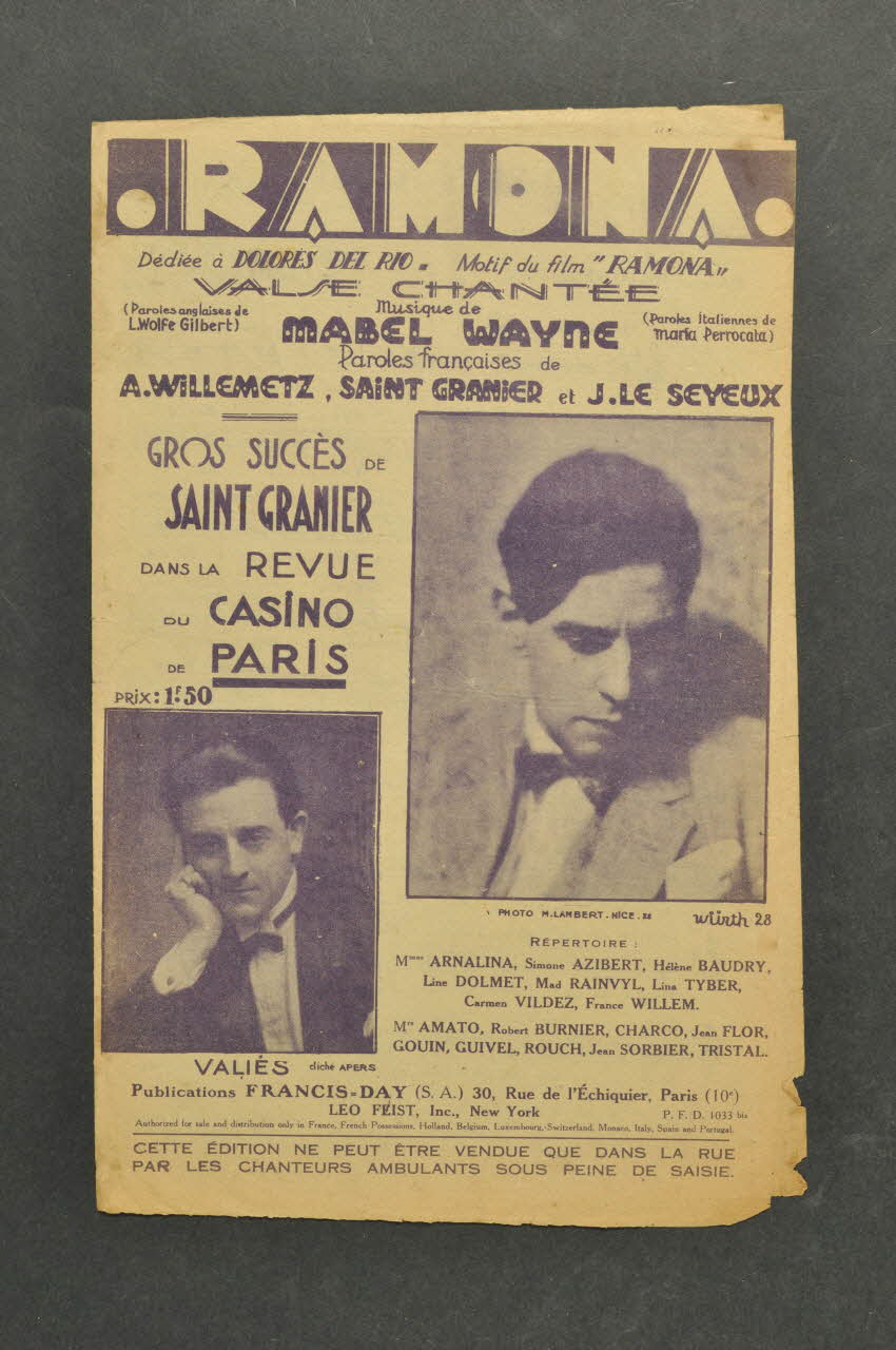 Mabel Wayne ; Louis Wolfe-Gilbert ; Jean Le Seyeux ; Maria Perrocata ; Charles Saint-Granier ; Albert Willemetz ; Valiès ; Francis Day chanson petit format Île-de-France, France 1926 1966.158.154 Photo Mucem