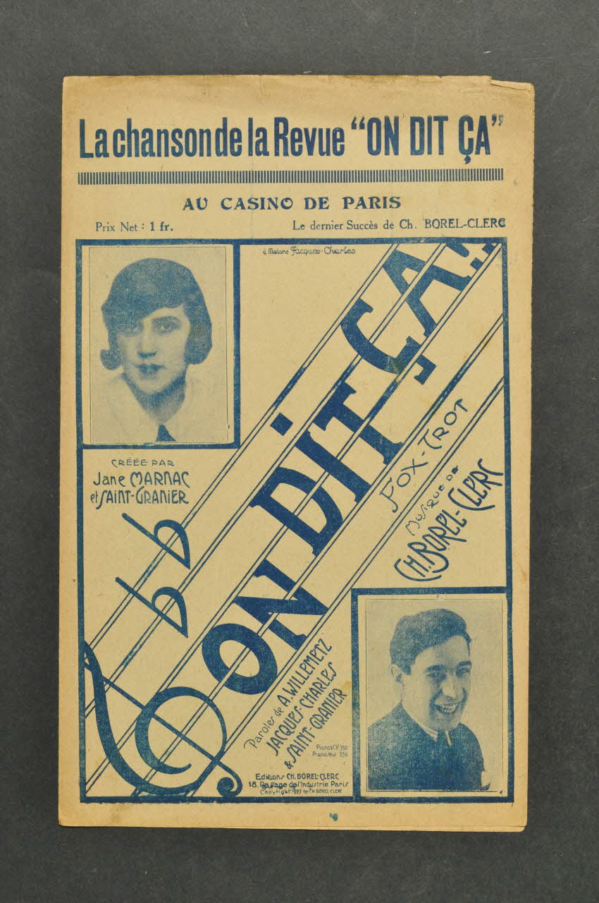 Albert Willemetz ; Jacques Charles ; Charles Saint-Granier ; Charles Borel-Clerc ; Jane Marnac chanson petit format Île-de-France, France 1923 1966.158.8 Photo Mucem