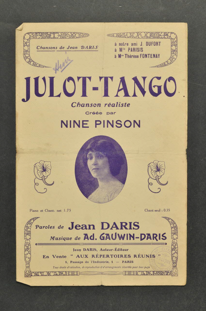 Ad. Gauwin ; Jean Daris ; Nine Pinson ; Aux Répertoires Réunis; chanson petit format Île-de-France, France 1914 1966.164.44 Photo Mucem