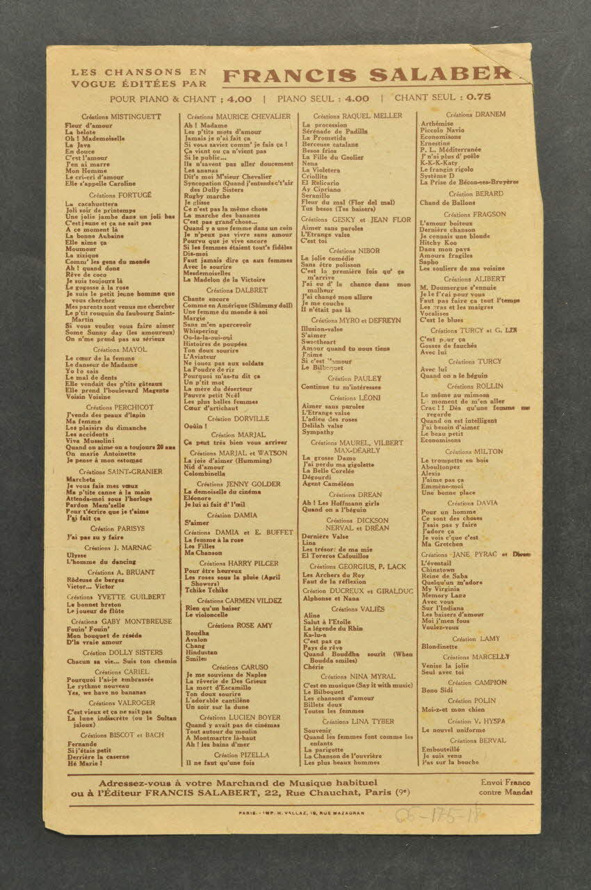 Albert Willemetz ; Victor Schertzinger ; Charles Saint-Granier ; Jean Le Seyeux ; Francis F. Salabert chanson petit format Île-de-France, France 1923 1966.175.18 Photo Mucem