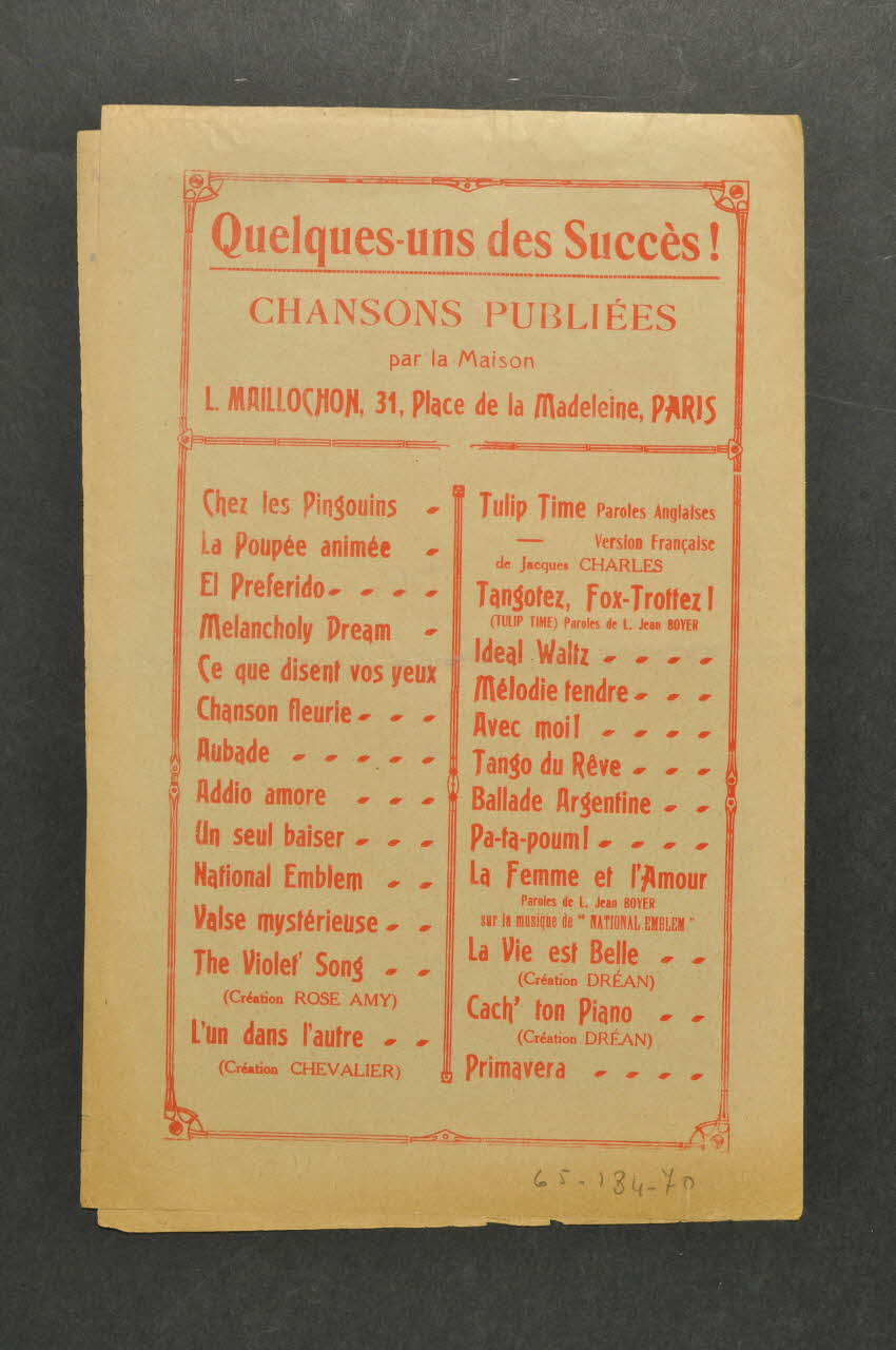 Maurice Yvain ; Albert Willemetz ; Dréan ; L. Maillochon chanson petit format 1920 1965.134.70 Photo Mucem