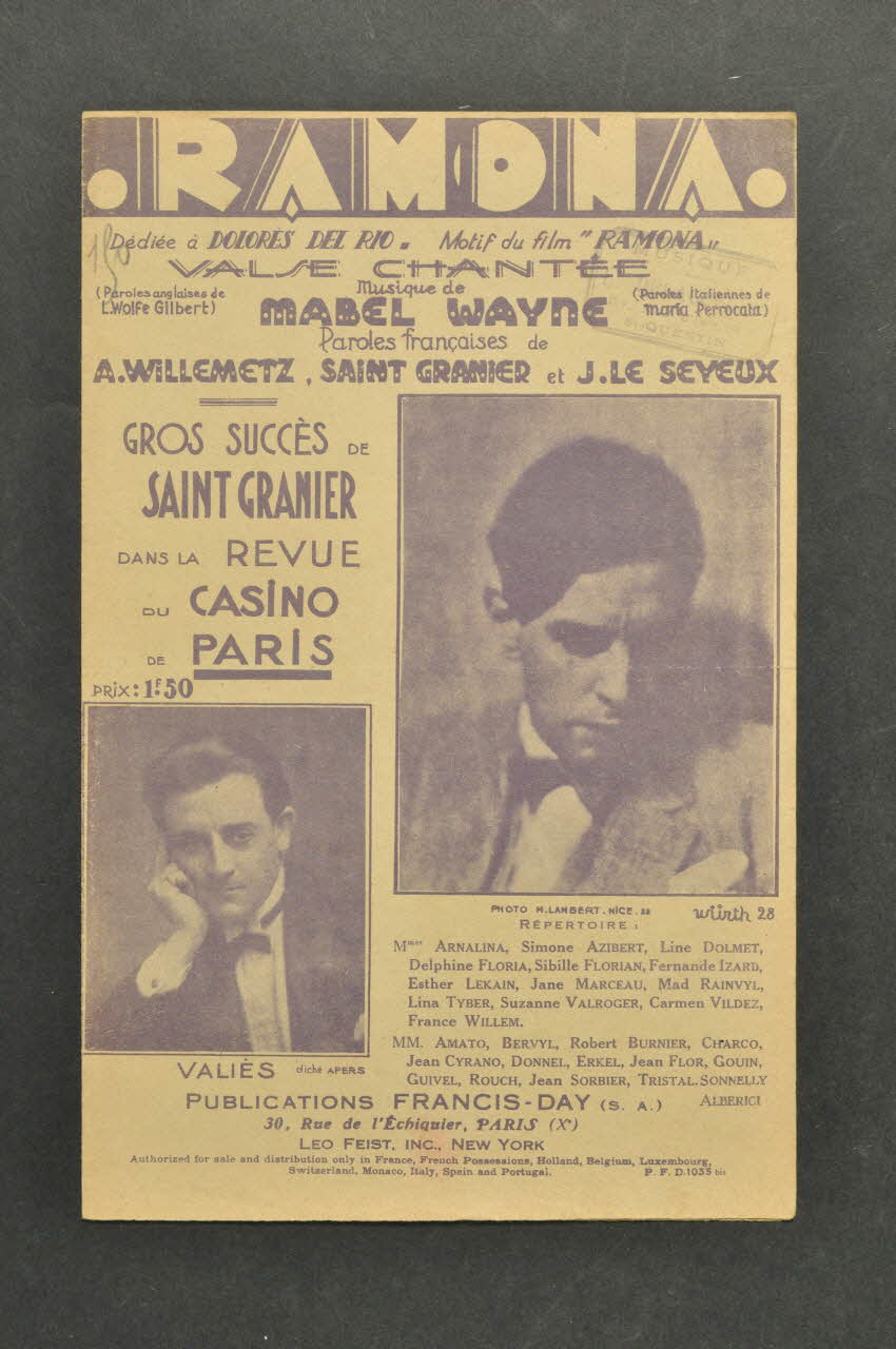 Charles Saint-Granier ; Albert Willemetz ; Jean Le Seyeux ; Mabel Wayne ; Valiès ; Francis Day chanson petit format 1927 1965.136.67 Photo Mucem
