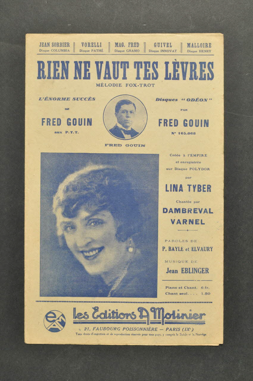 Elvaury ; Pierre Bayle ; Jean Eblinger ; Fred Gouin ; Lina Tyber ; Dambreval ; A. Molinier chanson petit format 1927 1965.136.68 Photo Mucem