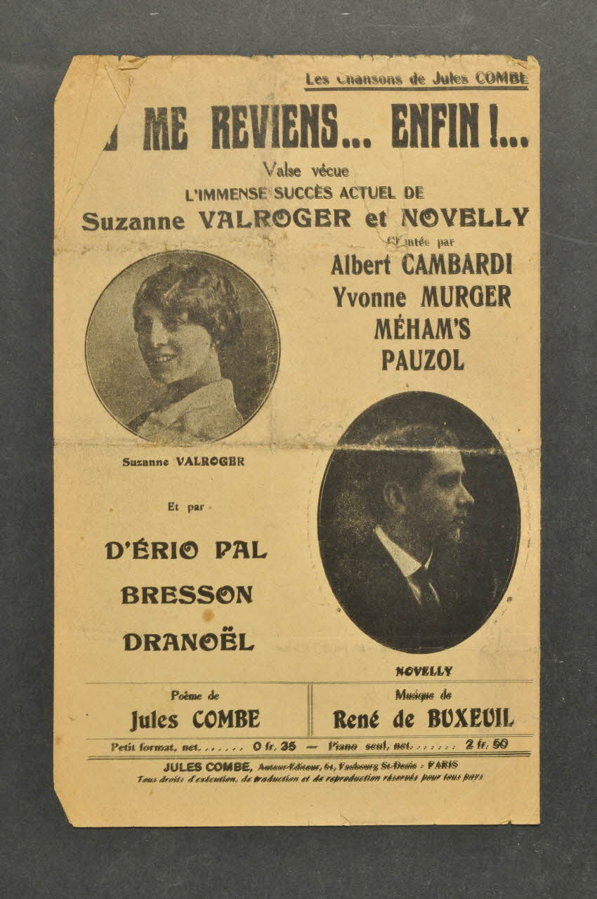 René De Buxeuil ; Jules Combe ; Suzanne Valroger ; Novelly chanson petit format Île-de-France, France 1919 1965.138.30 Photo Mucem