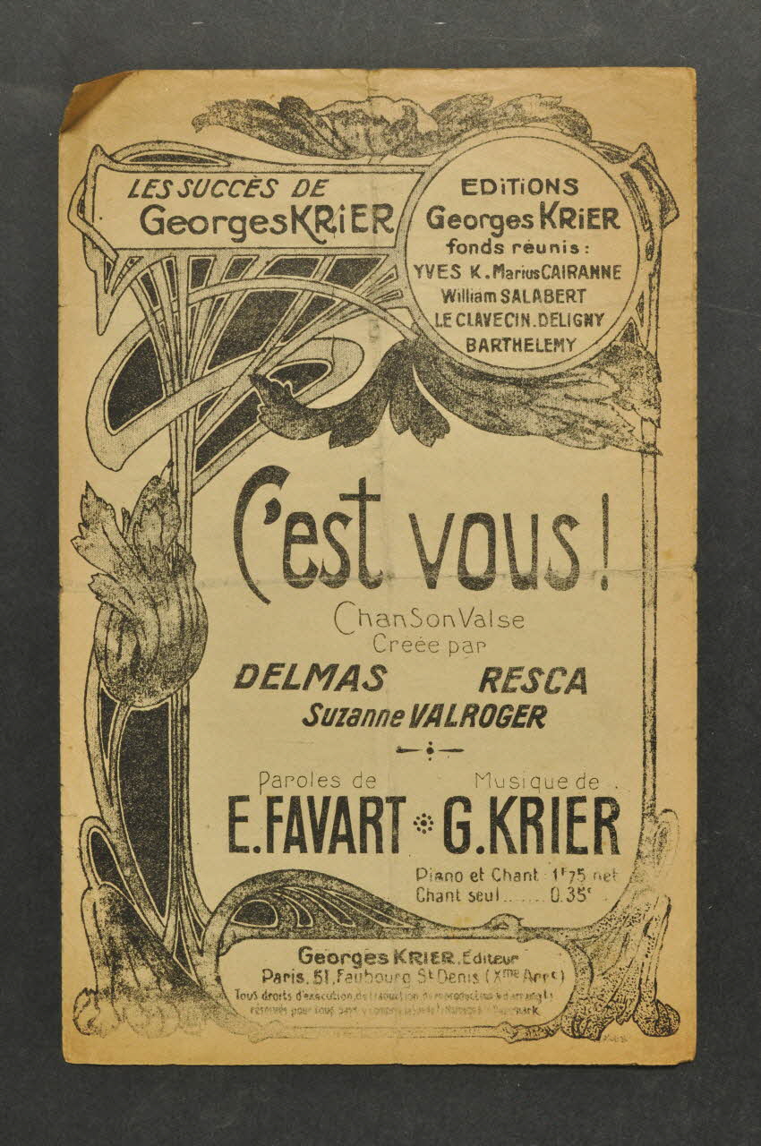 Georges Krier ; Edgard Favart ; Delmas ; Resca ; Suzanne Valroger chanson petit format Île-de-France, France 1913 1965.144.27 Photo Mucem