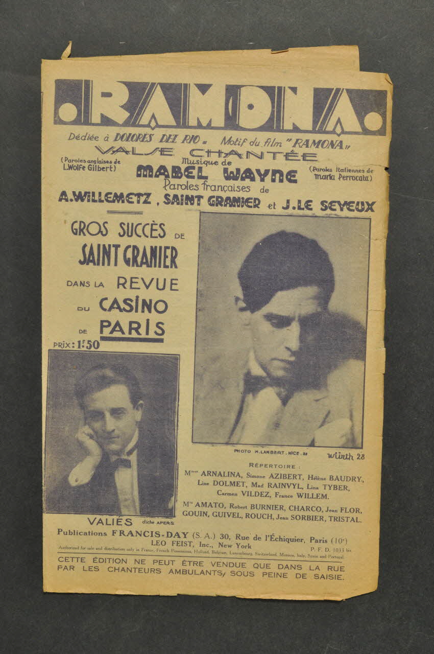Abe Lyman ; Paul Briquet ; George Waggner ; J. Russel Robinson ; Charles Saint-Granier ; Valiès ; Francis Day chanson petit format Île-de-France, France 1926 1965.144.68 Photo Mucem