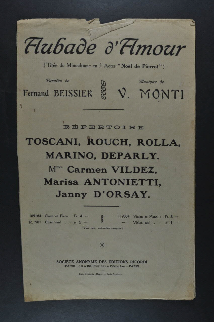 V. Monti ; Fernand Beissier ; Toscanini ; Rouch ; Rolla ; Marino ; Deparly ; Carmen Vildez ; Marisa Antonietti ; Janny D'orsay ; Ricordi, Editions chanson petit format 1904 1965.145.27 Photo Mucem