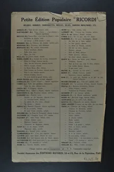 V. Monti ; Fernand Beissier ; Toscanini ; Rouch ; Rolla ; Marino ; Deparly ; Carmen Vildez ; Marisa Antonietti ; Janny D'orsay ; Ricordi, Editions chanson petit format 1904 1965.145.27 Photo Mucem