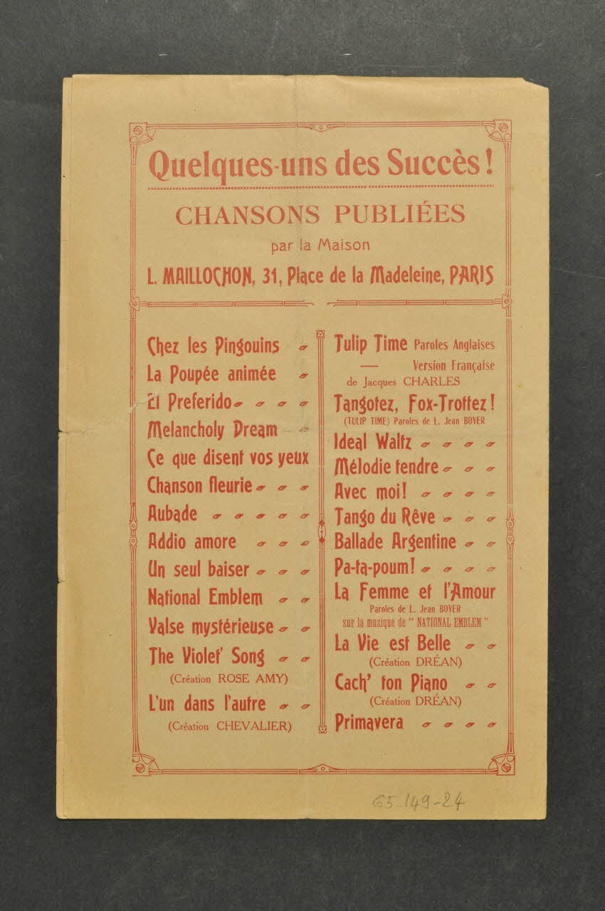 Maurice Yvain ; Albert Willemetz ; Dréan ; L. Maillochon partition de musique petit format Île-de-France, France 1920 1965.149.24  Photo Mucem