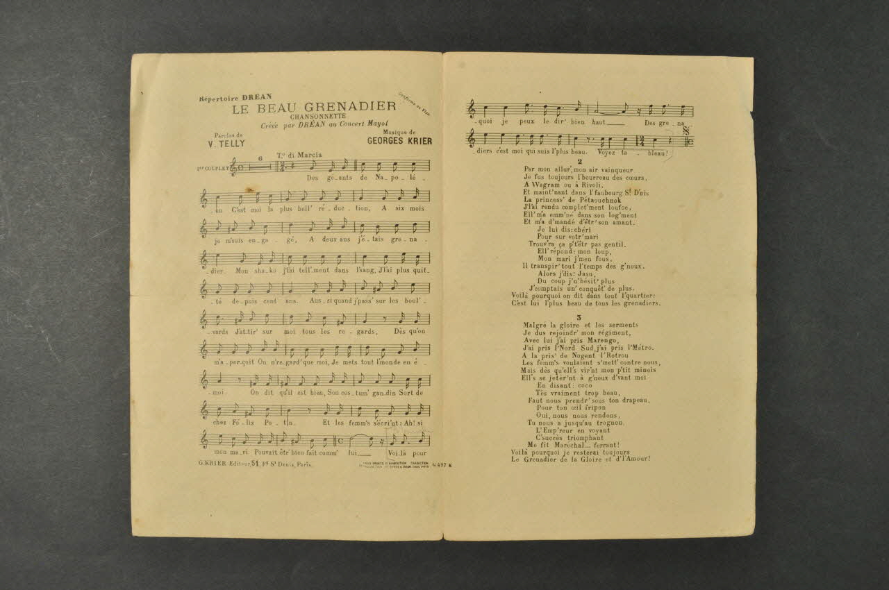 Georges Krier ; Vincent Telly ; Dréan partition de musique petit format Île-de-France, France 1916 1965.149.50 Photo Mucem