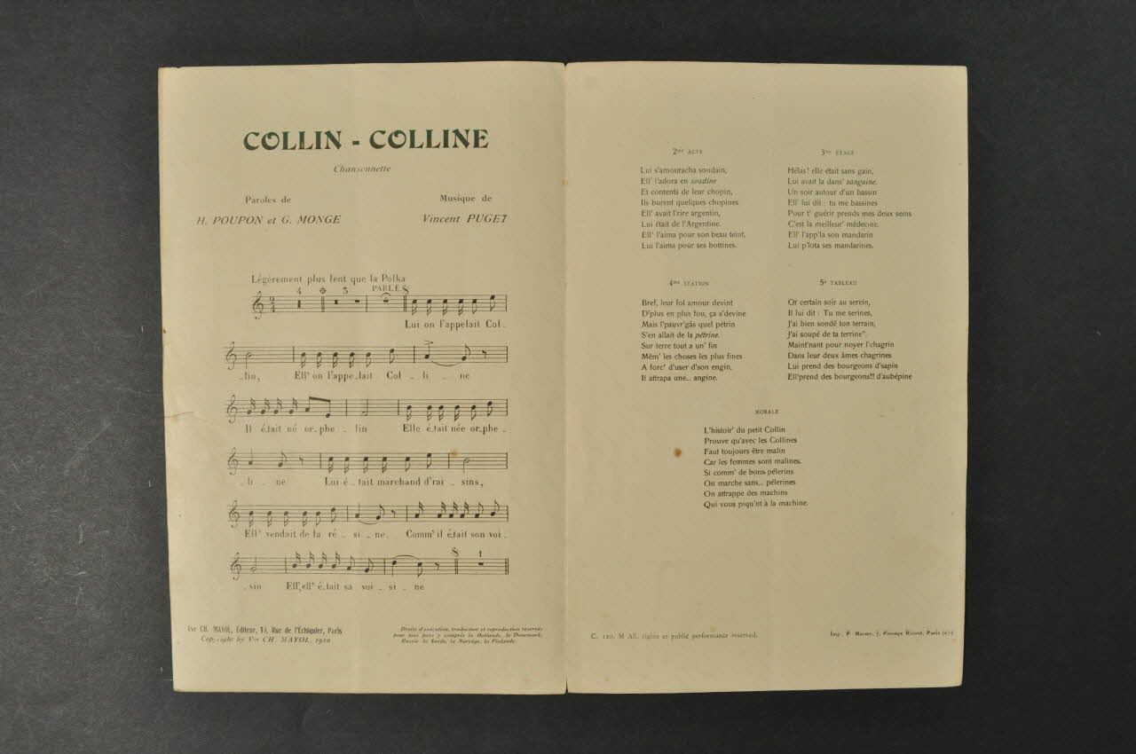 G Monge ; Henri Poupon ; Vincent Puget ; Tramel ; Mayol partition de musique petit format 1910 1965.149.77 Photo Mucem