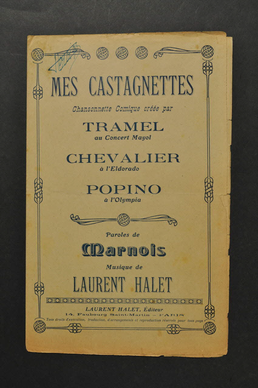 Laurent Halet ; Marnois ; Tramel ; Maurice Chevalier ; Popina partition de musique petit format 1911 1965.149.94 Photo Mucem