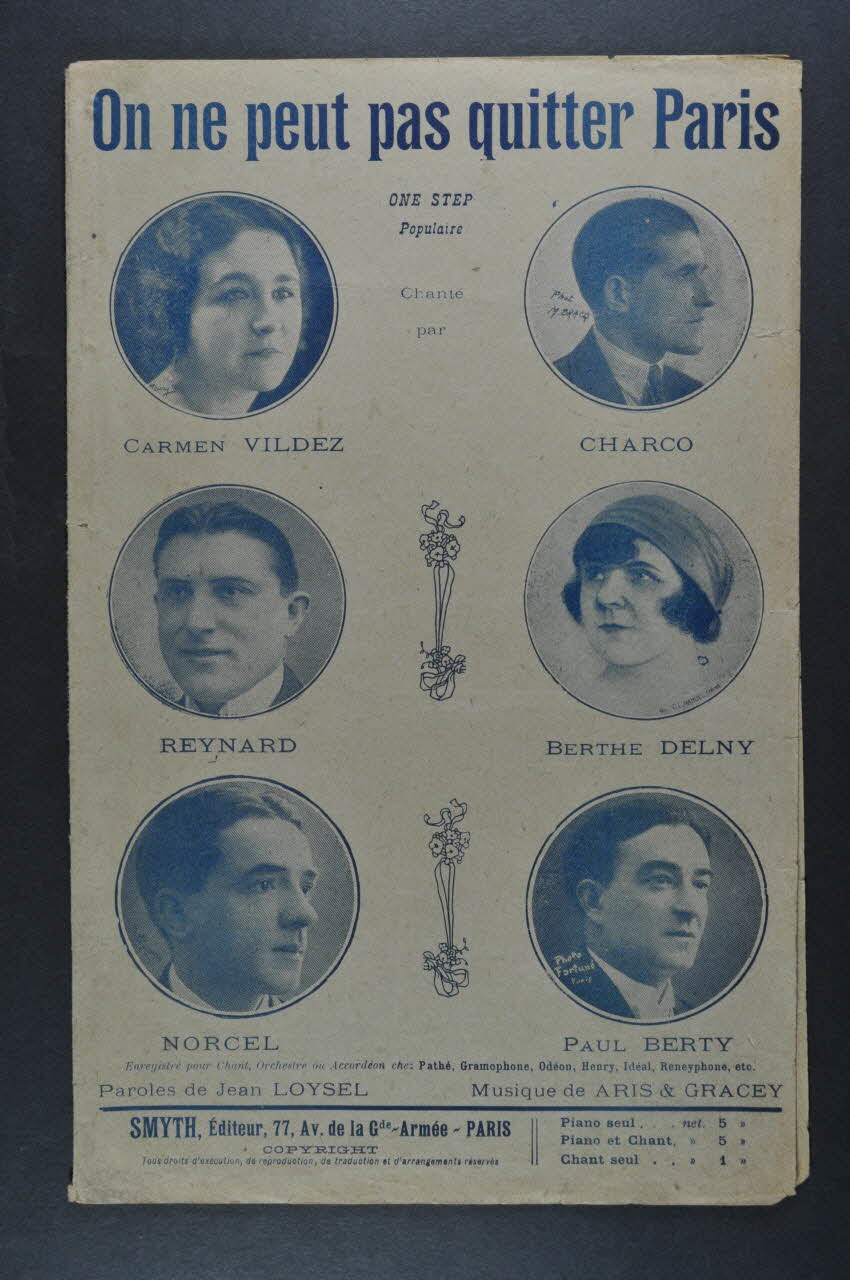 Aris ; Jean Loysel ; Maurice Gracey ; Carmen Vildez ; Reynard ; Norcel ; Charco ; Berthe Delny ; Paul Berty ; Smyth chanson petit format 1925 1965.152.58 Photo Mucem