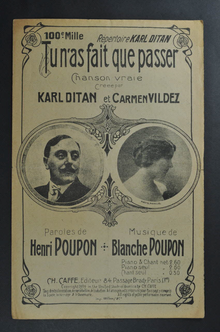 Blanche Poupon ; Henri Poupon ; Karl Ditan ; Carmen Vildez ; Ch. Caffe partition de musique petit format 1919 1965.160.36 Photo Mucem