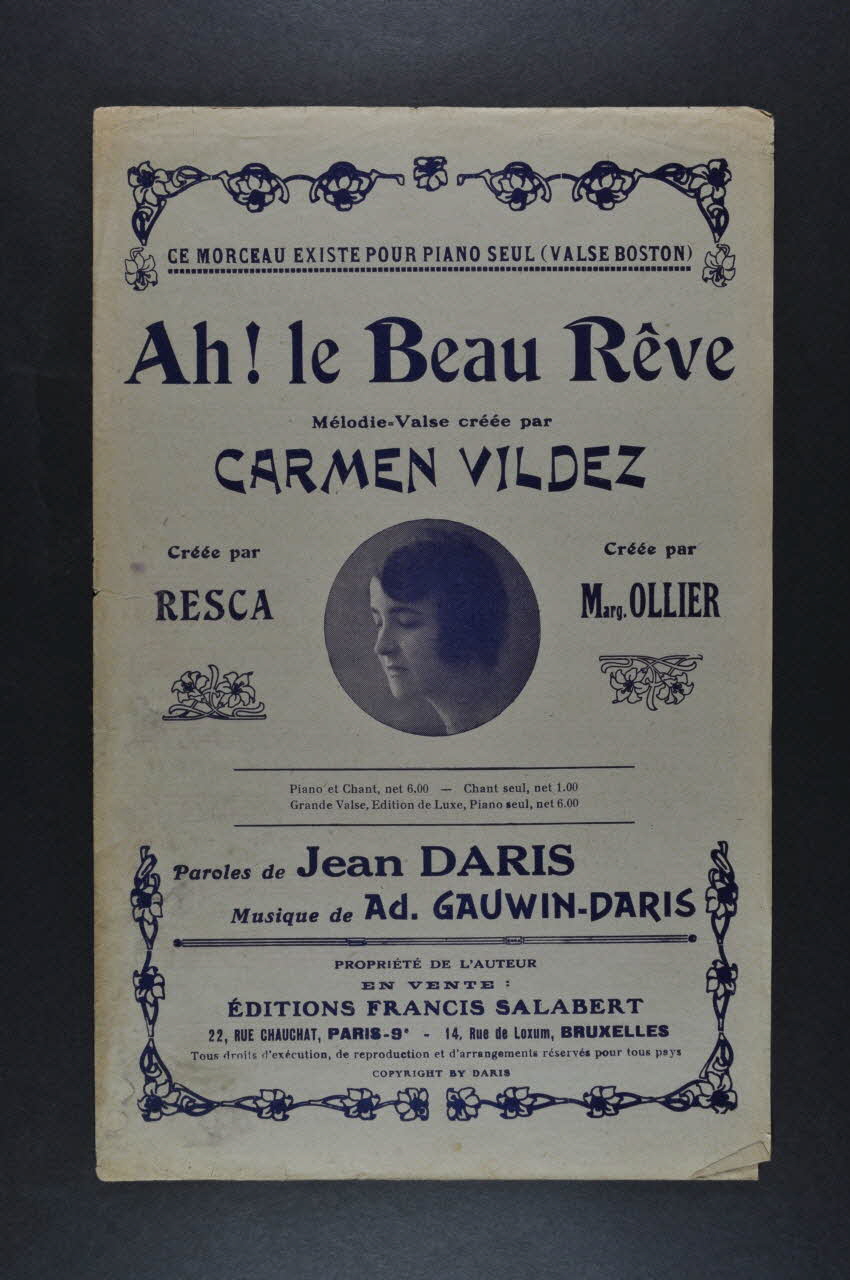 Jean Daris ; Ad. Gauwin ; Carmen Vildez ; Francis F. Salabert chanson petit format Île-de-France, France 1913 1965.175.92 Photo Mucem