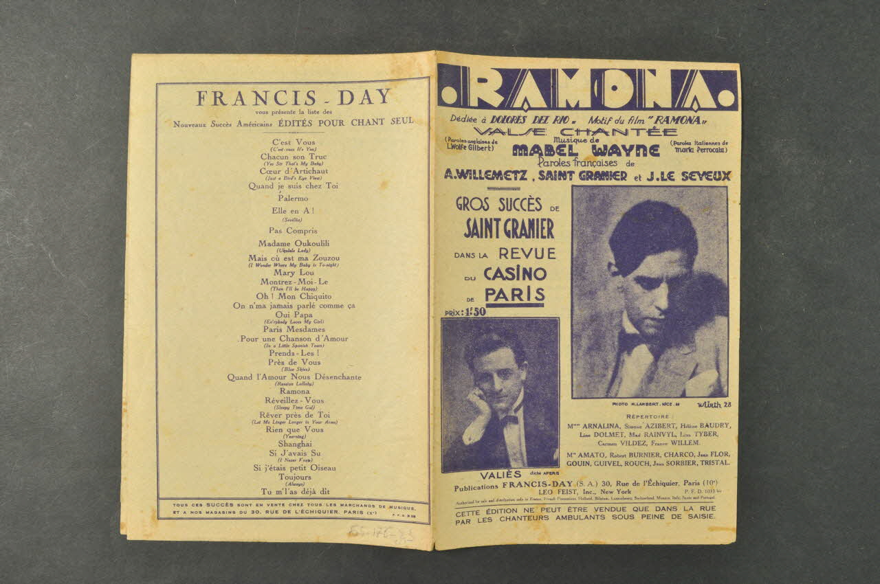 Albert Willemetz ; Jean Le Seyeux ; J. Russel Robinson ; Abe Lyman ; Robert Valaire ; Mabel Wayne ; George Waggner ; Charles Saint-Granier ; Paul Briquet ; Ricardo Duromo ; Jean Saint-Cast ; Valiès ; Francis Day chanson petit format Île-de-France, France 1927 1965.176.23 Photo Mucem