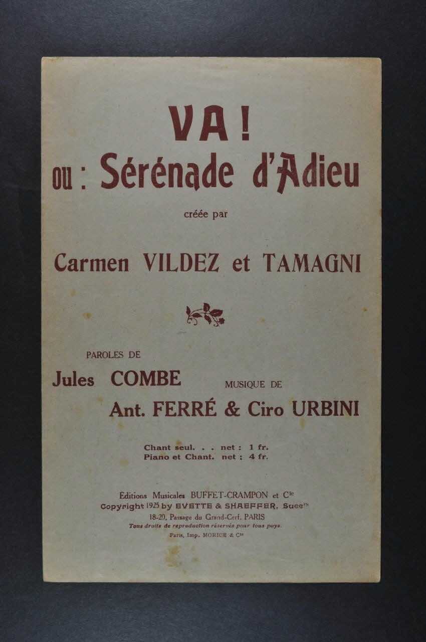 Ciro Urbini ; Antoine Ferré ; Jules Combe ; Carmen Vildez ; Tamagni ; Crampon Et Cie; ; Eugénie Buffet chanson petit format Île-de-France, France 1925 1965.176.6 Photo Mucem