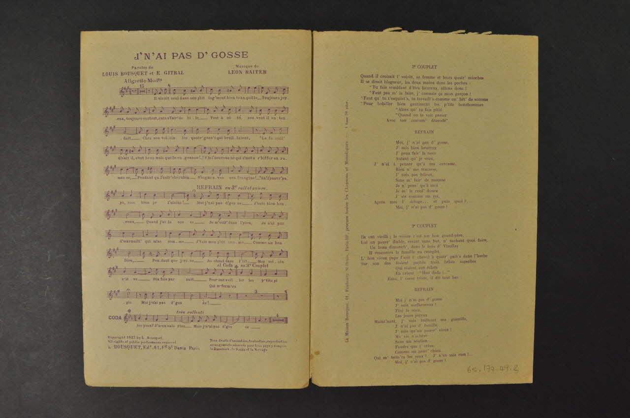 Léon Raiter ; Georges Villard ; Louis Bousquet ; Gitral ; E. Bousquet chanson petit format Île-de-France, France 1919 1965.177.49  Photo Mucem
