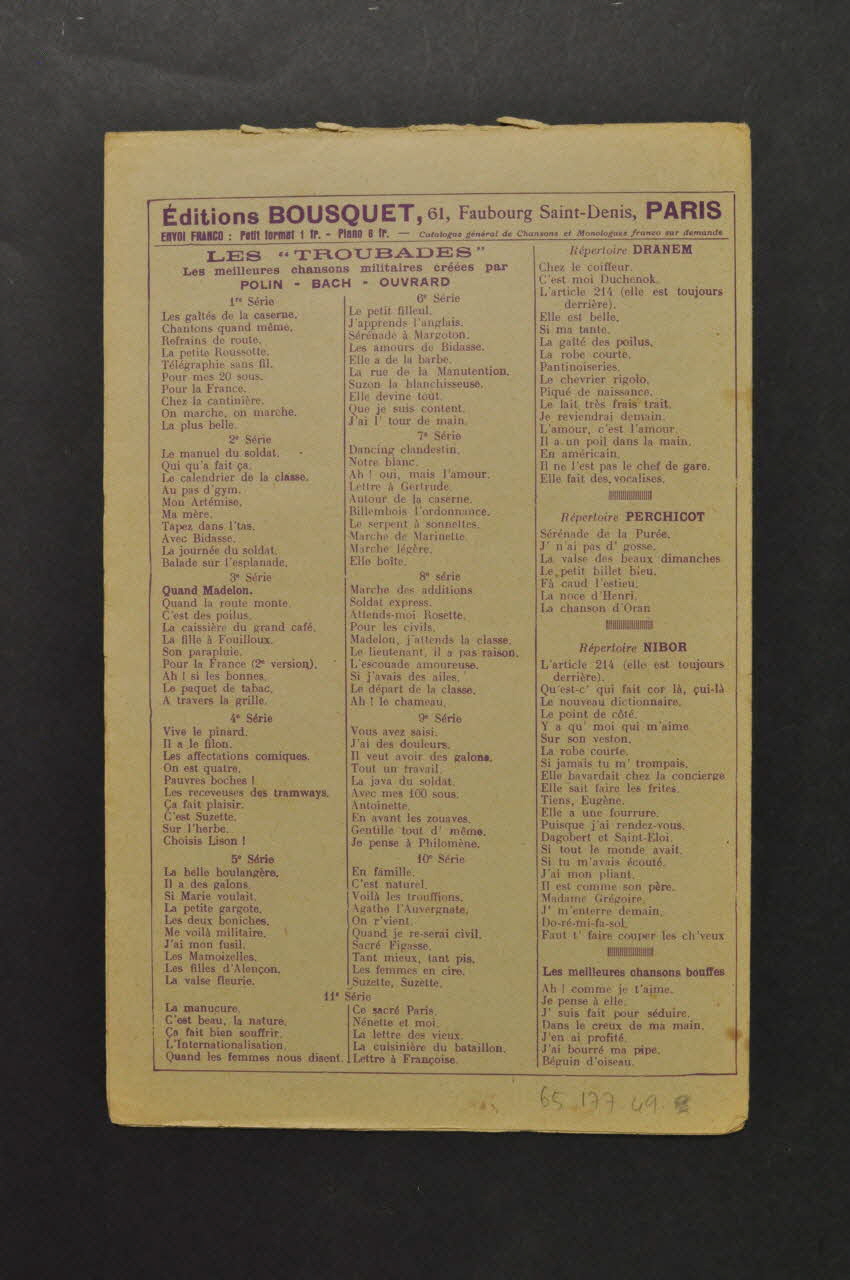 Léon Raiter ; Georges Villard ; Louis Bousquet ; Gitral ; E. Bousquet chanson petit format Île-de-France, France 1919 1965.177.49  Photo Mucem
