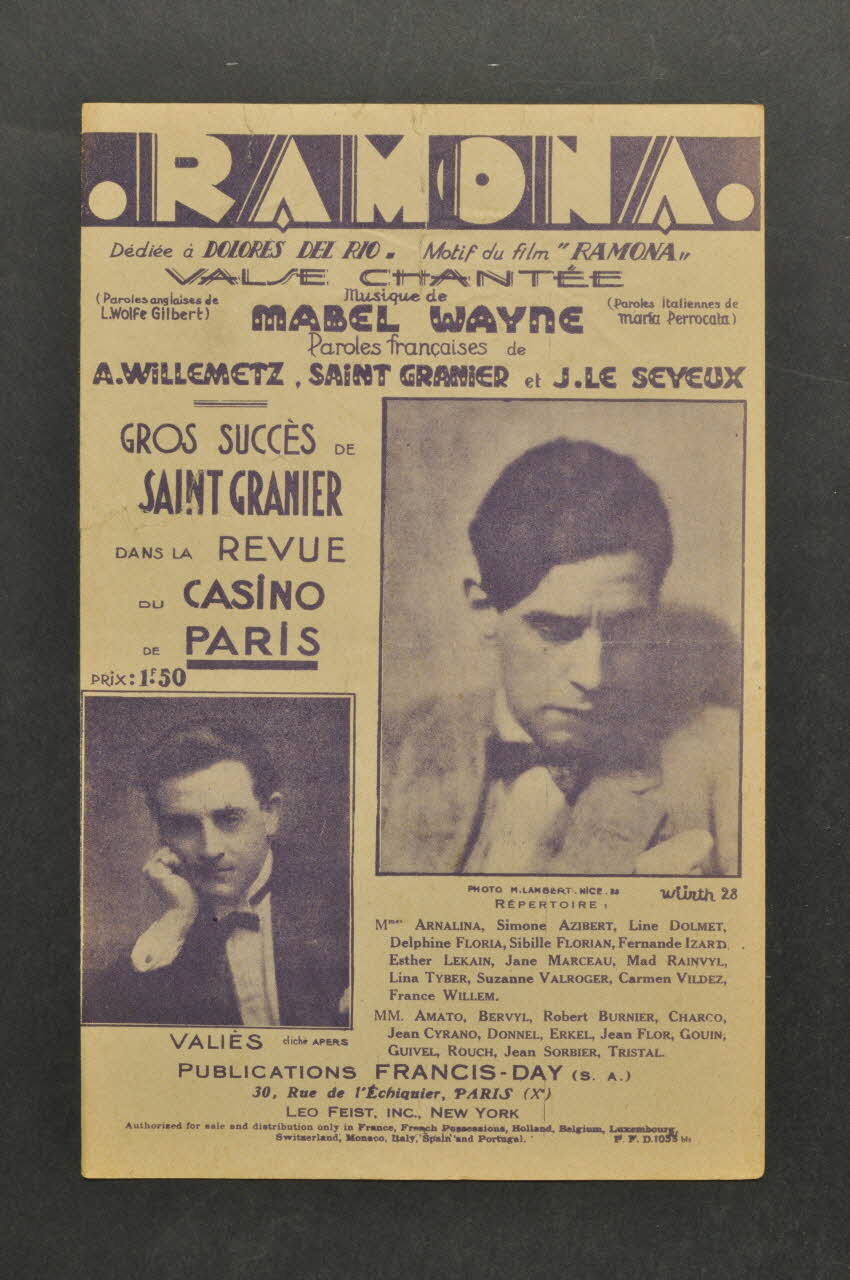 Albert Willemetz ; Mabel Wayne ; Charles Saint-Granier ; Jean Le Seyeux ; Valiès ; Francis Day chanson petit format Paris 10ème 1928 1965.177.68 Photo Mucem
