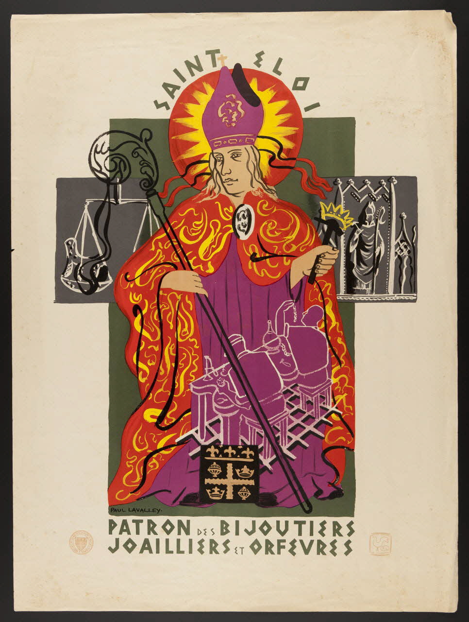 Paul Lavalley ; Office Central de l'Imagerie affiche SAINT ELOI.  PATRON DES BIJOUTIERS.  JOAILLIERS ET ORFEVRES Paris 1941 1941.12.1 Photo Mucem