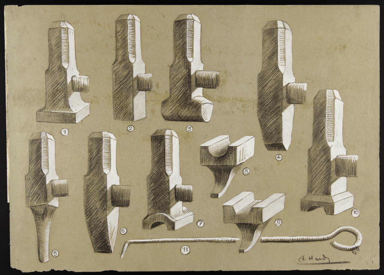 Hardy André dessin Planche d'outillage du forgeron, onze outils Saint-Pierre-la-Vieille 1930 1941.4.1 Photo Mucem