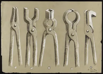 Hardy André dessin Planche d'outillage du forgeron, cinq outils Saint-Pierre-la-Vieille 1930 1941.4.2 Photo Mucem