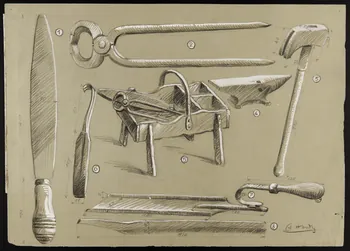 Hardy André dessin Planche d'outillage du forgeron, huit outils Saint-Pierre-la-Vieille 1930 1941.4.3 Photo Mucem