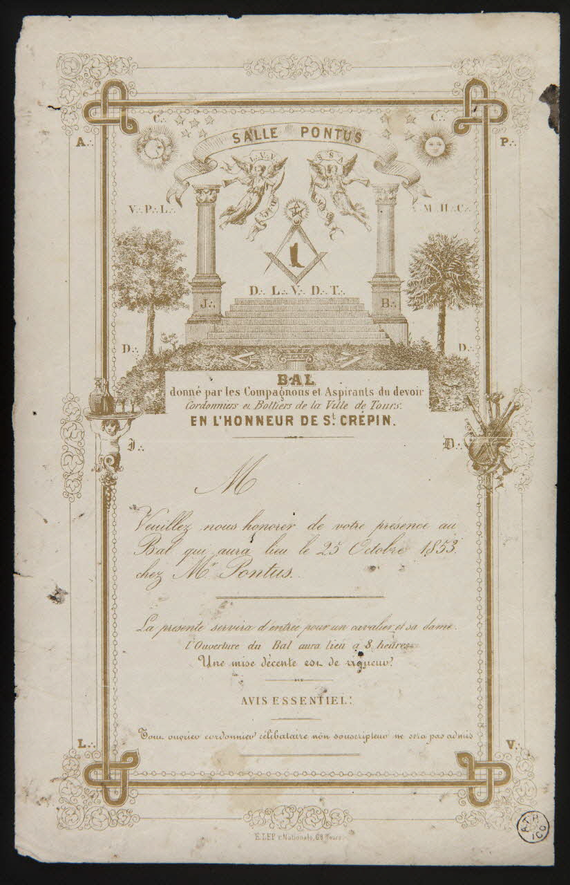 Juliot ; Lep E. carte d'invitation Invitation à un bal donné par les compagnons cordonniers et bottiers de Tours Tours 1853 1941.7.2 Photo Mucem
