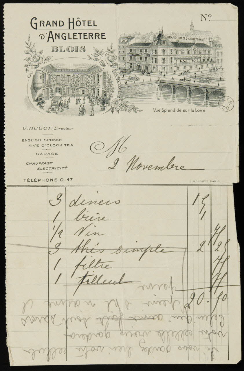 papier de commerce GRAND HOTEL  D'ANGLETERRE  BLOIS 1941.8.1 Photo Mucem