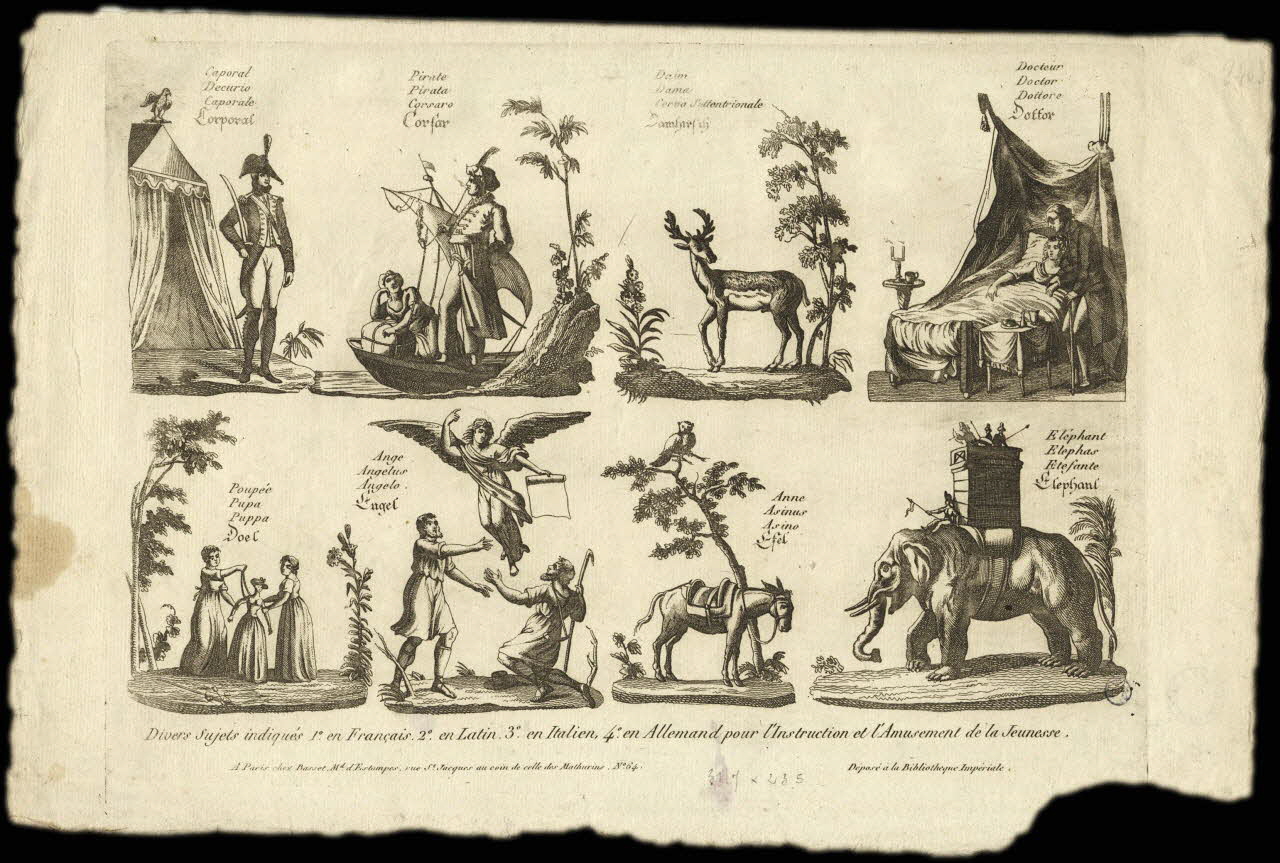 Basset. Paris imagerie ancienne Divers Sujets indiqués 1° en Français, 2° en Latin, 3° en Italien, 4° en Allemand pour l'Instruction et l'Amusement de la Jeunesse. Paris 1805-1815 1943.16.163 Photo
