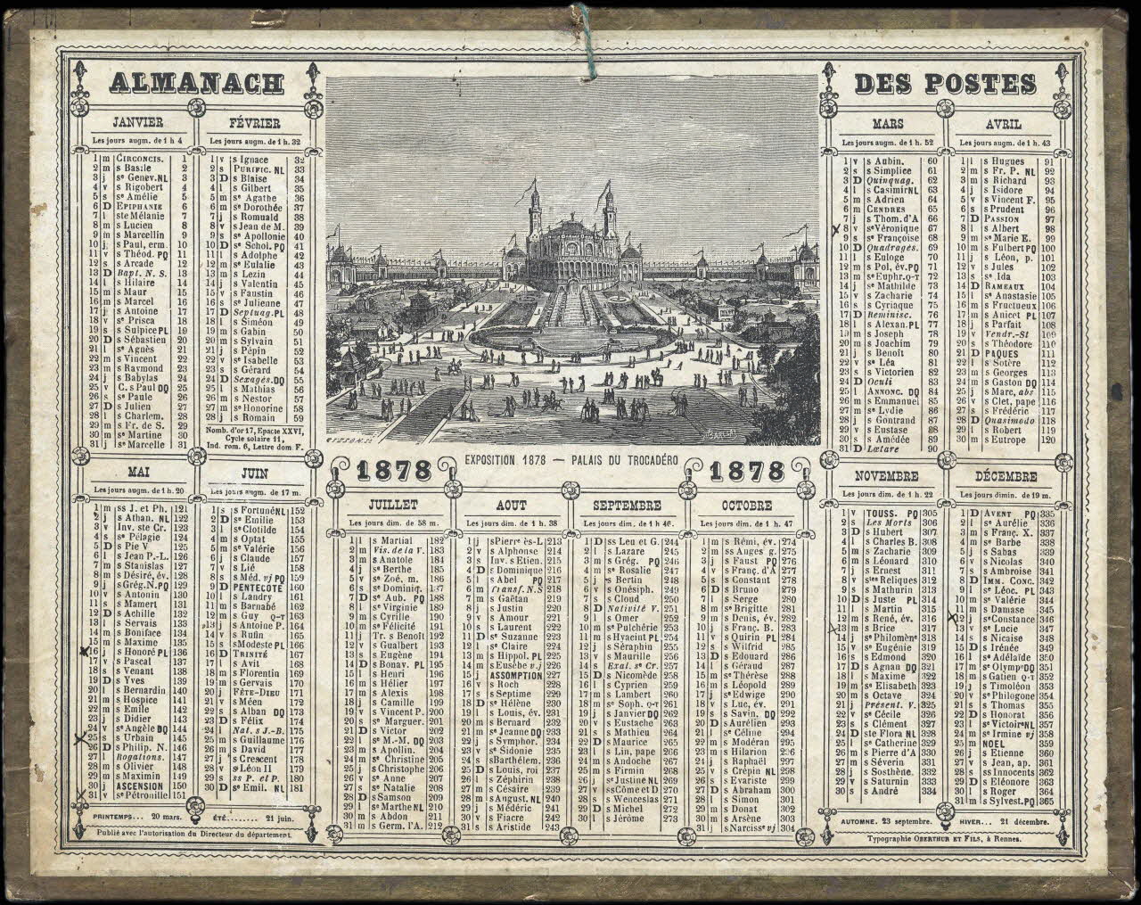 Bisson Jacquet ; Barclay ; François, Charles Oberthür calendrier ALMANACH DES POSTES  EXPOSITION 1878 - PALAIS DU TROCADERO Rennes 1878 1993.2.307 Photo