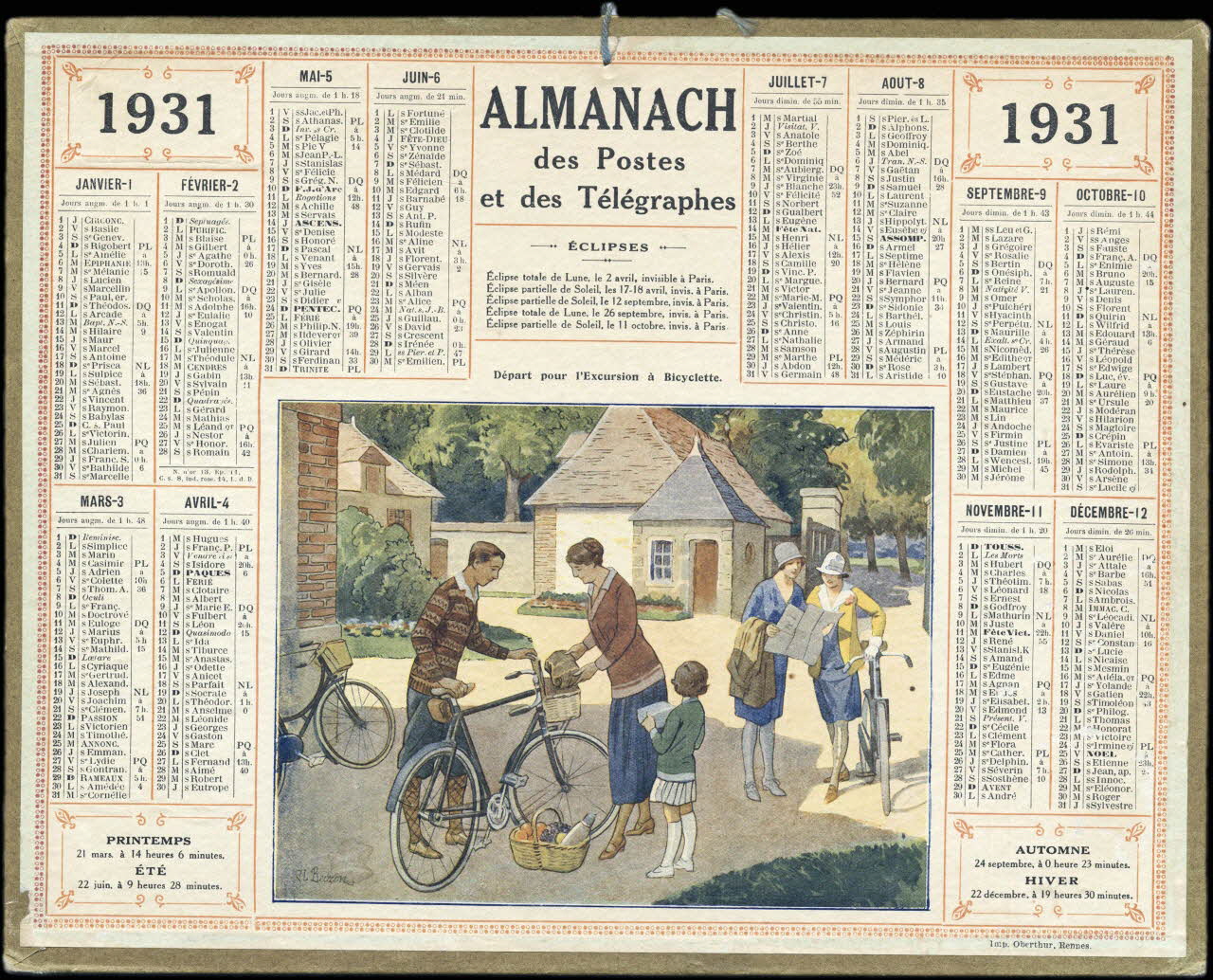 Beuzon Jean Louis ; François, Charles Oberthür calendrier 1931  ALMANACH  des Postes  et des Télégraphes  Départ pour l'Excursion à Bicyclette. Rennes 1931 1993.2.453 Photo