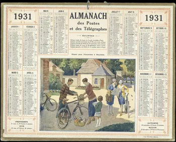 Beuzon Jean Louis ; François, Charles Oberthür calendrier 1931  ALMANACH  des Postes  et des Télégraphes  Départ pour l'Excursion à Bicyclette. Rennes 1931 1993.2.453  Photo