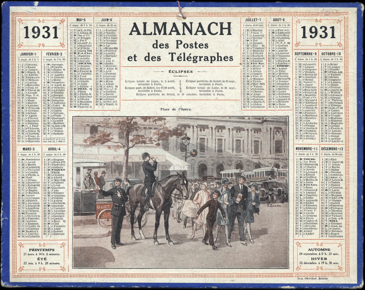 Beuzon Jean Louis ; François, Charles Oberthür calendrier 1931  ALMANACH  des Postes  et des Télégraphes  Place de l'Opéra. Rennes 1931 1993.2.456 Photo