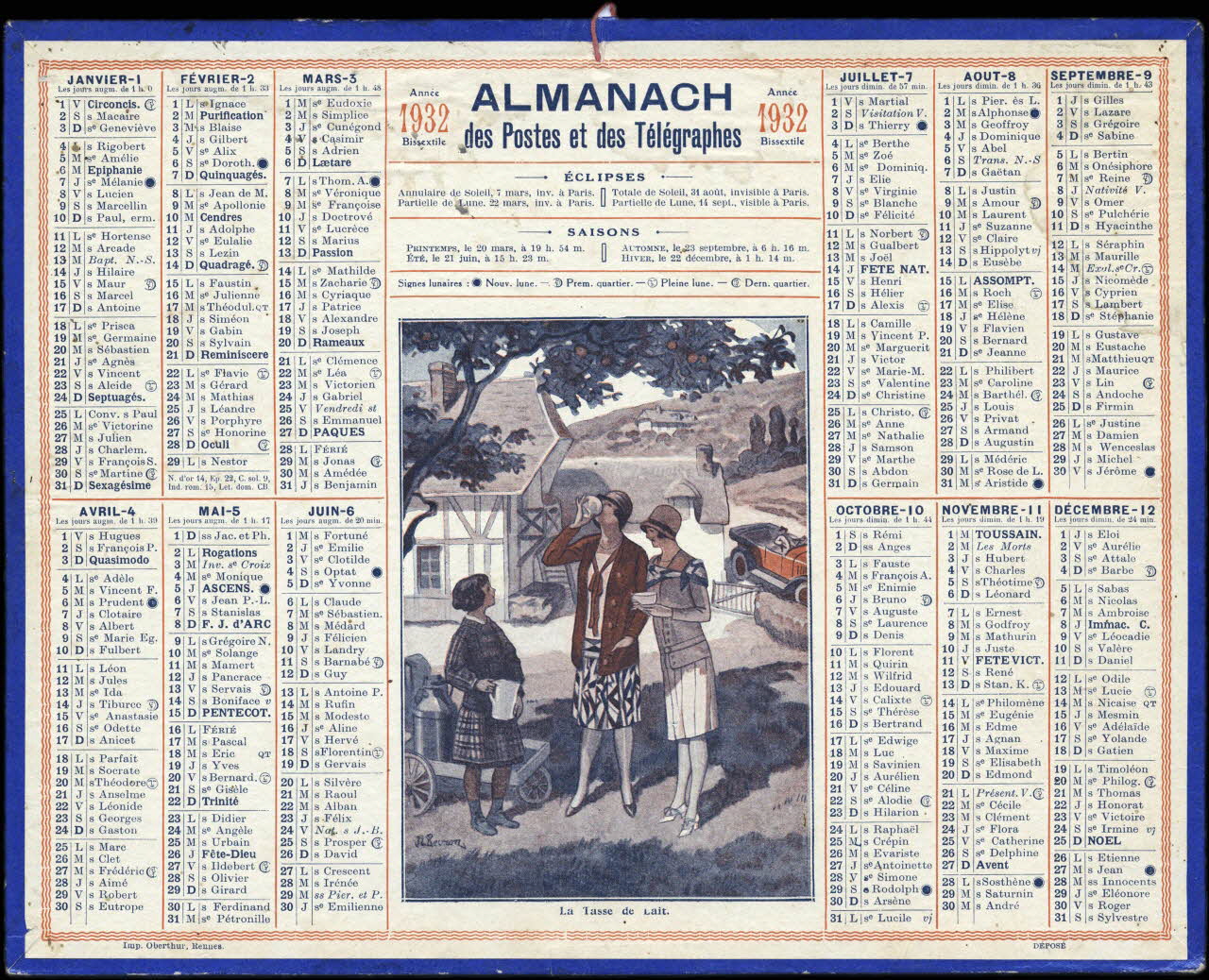 Beuzon Jean Louis ; François, Charles Oberthür calendrier 1932  ALMANACH  des Postes et des Télégraphes  La Tasse de Lait. Rennes 1932 1993.2.458 Photo