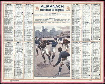 Beuzon Jean Louis ; François, Charles Oberthür calendrier 1932  ALMANACH  des Postes et des Télégraphes  Match de Rugby. Rennes 1932 1993.2.459 Photo