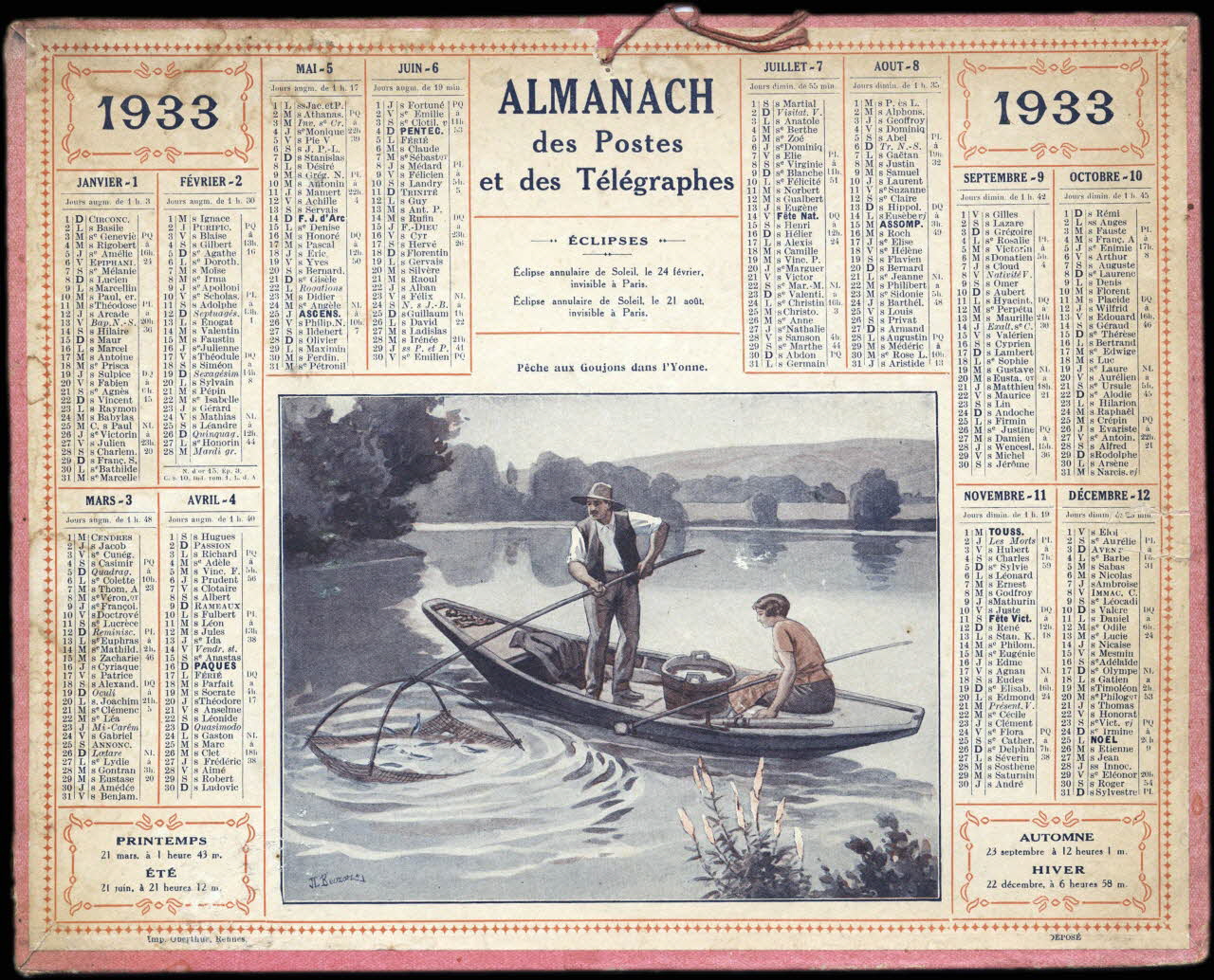 Beuzon Jean Louis ; François, Charles Oberthür calendrier 1933  ALMANACH  des Postes  et des Télégraphes  Pêche aux Goujons dans l'Yonne. Rennes 1933 1993.2.463 Photo