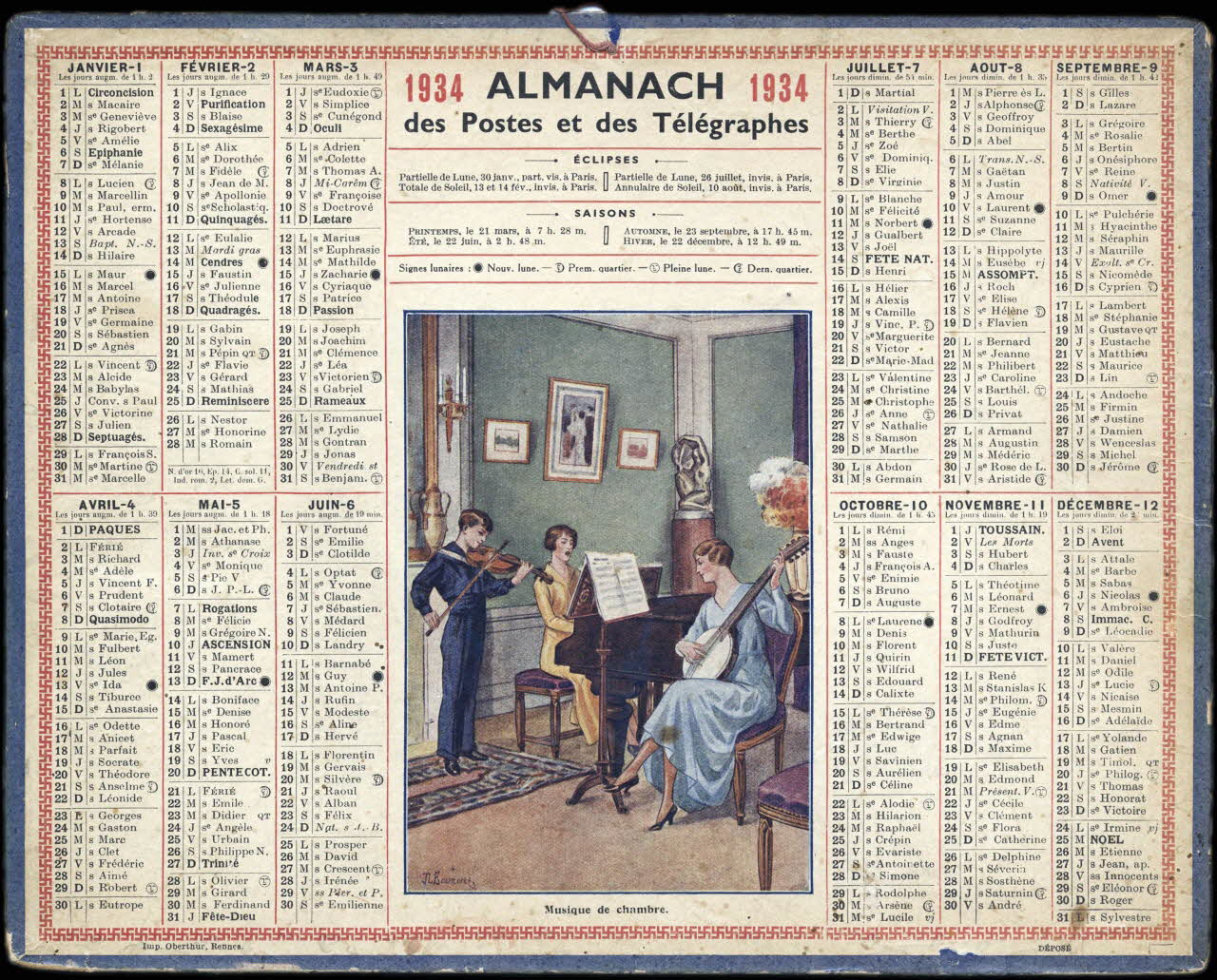 Beuzon Jean Louis ; François, Charles Oberthür calendrier 1934 ALMANACH 1934  des Postes et des Télégraphes  Musique de chambre. Rennes 1934 1993.2.465 Photo