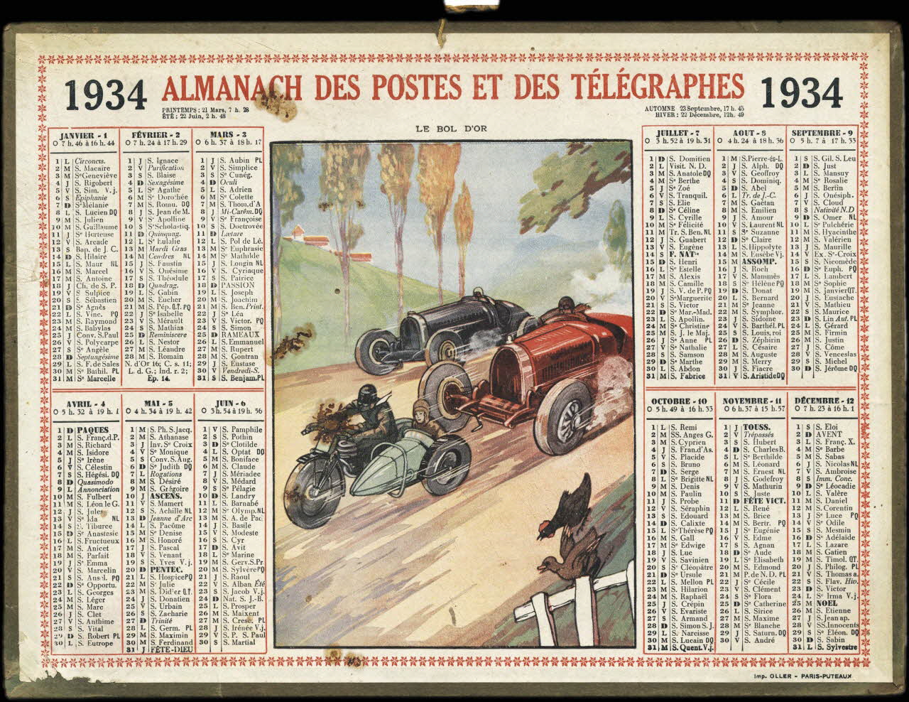 Calendriers Oller calendrier 1934 ALMANACH DES POSTES ET DES TELEGRAPHES 1934  LE BOL D'OR Paris 1934 1993.2.466 Photo