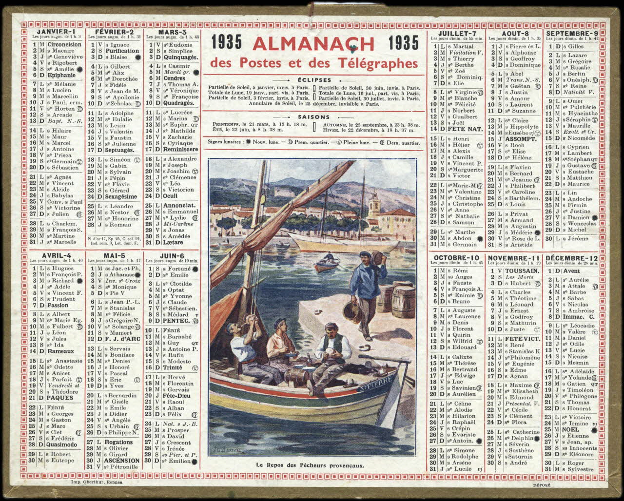 Beuzon Jean Louis ; François, Charles Oberthür calendrier 1935  ALMANACH  des Postes et des Télégraphes  Le Repos des Pêcheurs provençaux. Rennes 1935 1993.2.468 Photo