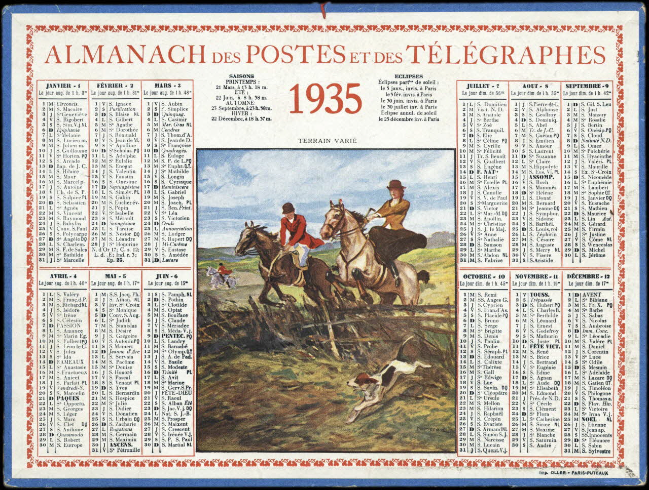 Nemecek ; Calendriers Oller calendrier ALMANACH DES POSTES ET DES TELEGRAPHES  1935  TERRAIN VARIE Paris 1935 1993.2.469 Photo