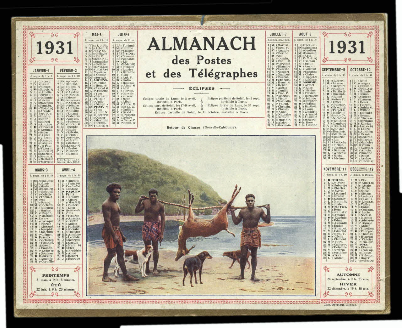 François, Charles Oberthür calendrier 1931  ALMANACH  des Postes  et des Télégraphes  Retour de Chasse (Nouvelle-Calédonie). Rennes 1931 1993.2.452 Photo