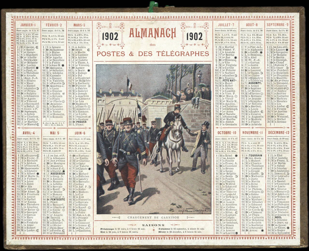 Eugène Chaperon ; François, Charles Oberthür calendrier 1902  ALMANACH  1902  des  POSTES & DES TELEGRAPHES  CHANGEMENT DE GARNISON 1902 1993.2.365 Photo