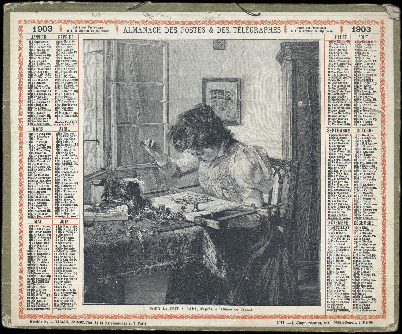 Rollet H. ; Gisela ; Vilain calendrier 1903  ALMANACH DES POSTES & DES TELEGRAPHES  POUR LA FETE A PAPA Paris 1903 1993.2.369 Photo