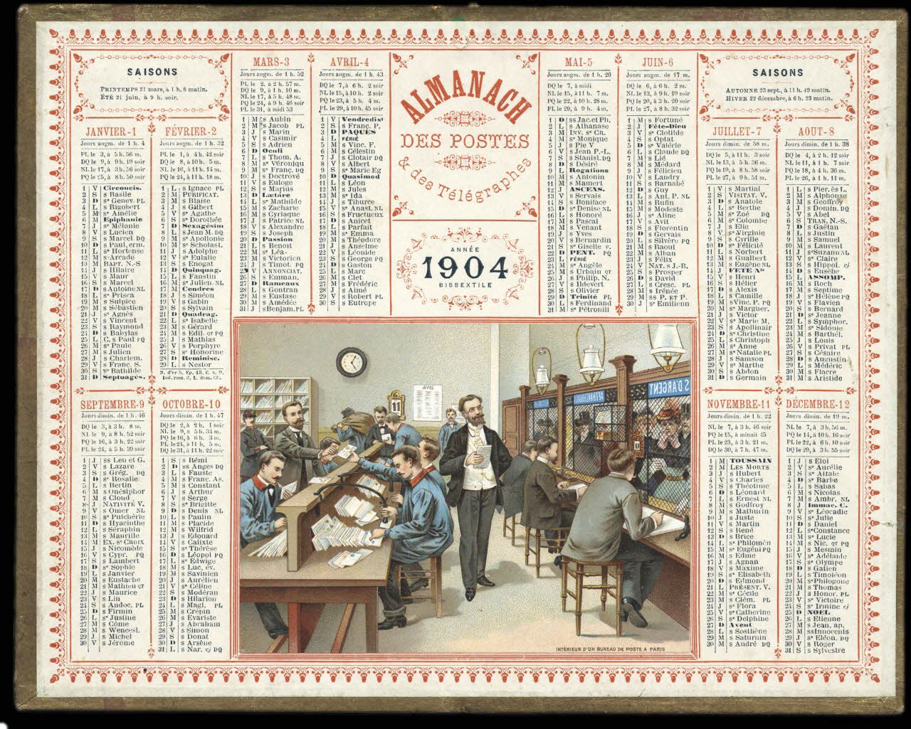François, Charles Oberthür calendrier ALMANACH  DES POSTES  & des Télégraphes  ANNEE  1904  BISSEXTILE  INTERIEUR D'UN BUREAU DE POSTE A PARIS Rennes 1904 1993.2.371 Photo