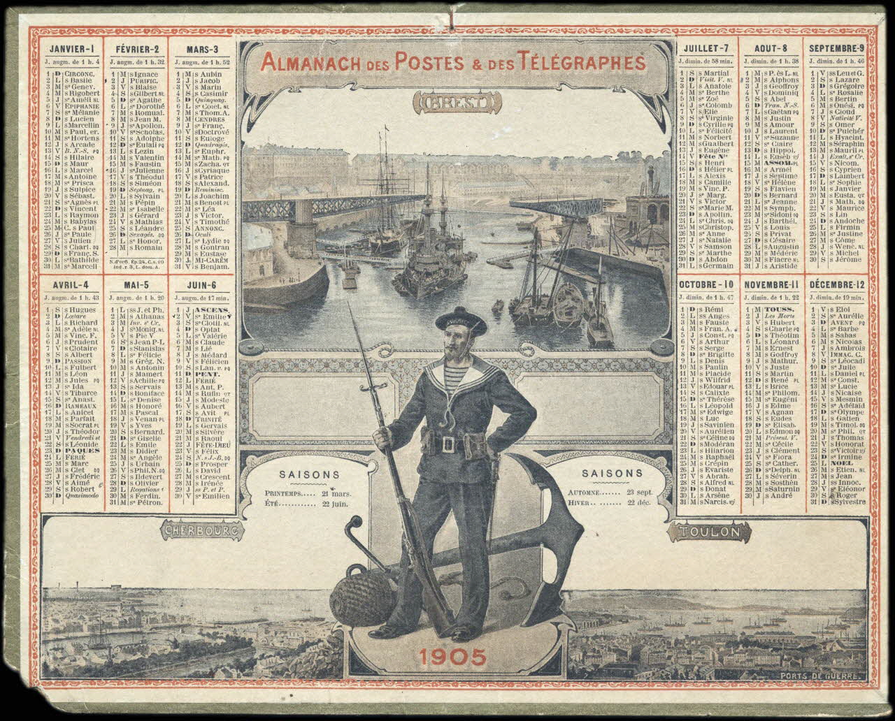 François, Charles Oberthür calendrier ALMANACH DES POSTES & DES TELEGRAPHES  BREST  CHERBOURG  TOULON  1905  PORTS DE GUERRE. Rennes 1905 1993.2.373 Photo