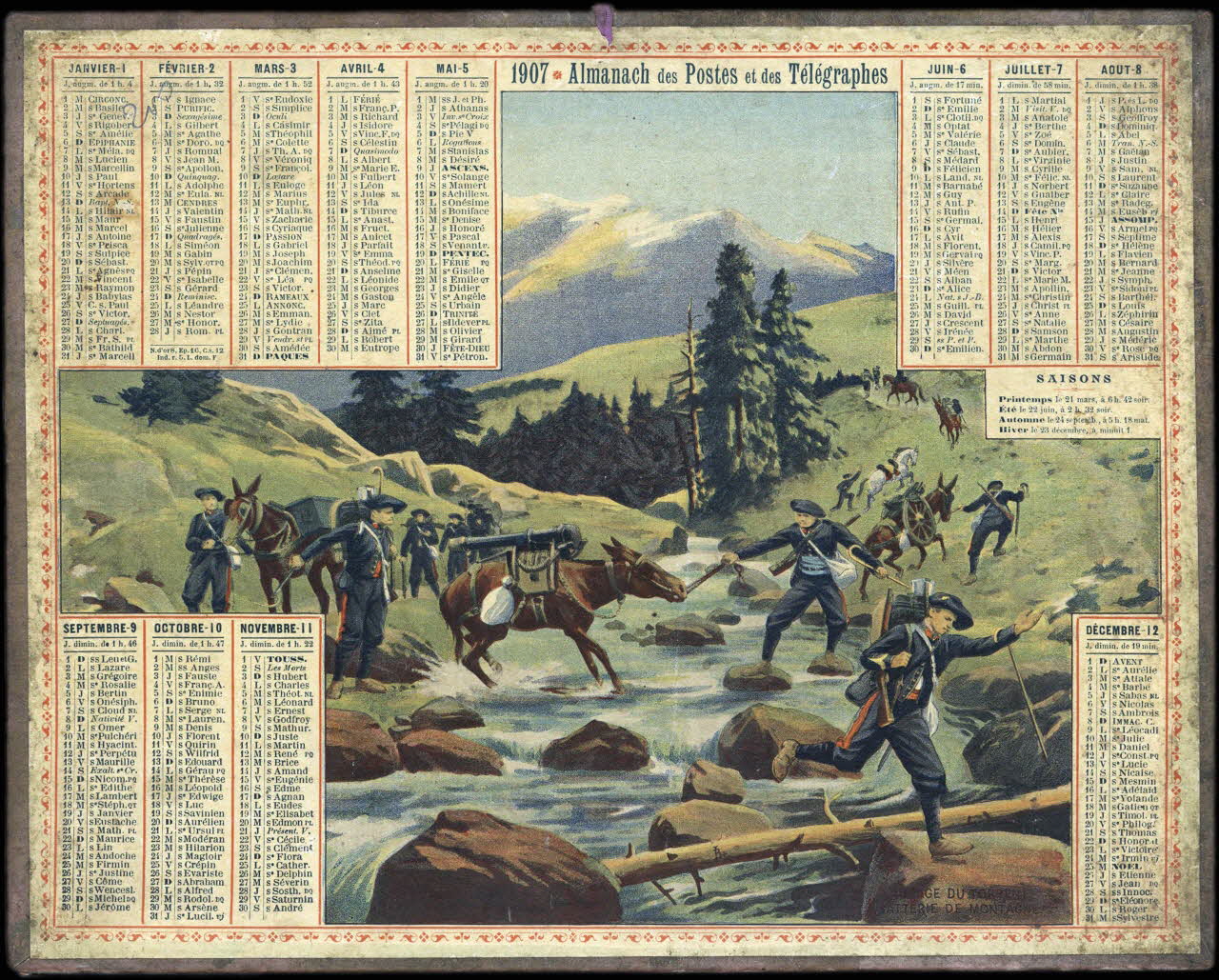 François, Charles Oberthür calendrier 1907  Almanach des Postes et des Télégraphes  PASSAGE DU TORRENT  BATTERIE DE MONTAGNE Rennes 1907 1993.2.378 Photo