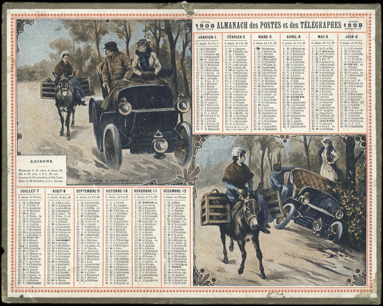 François, Charles Oberthür calendrier 1908  ALMANACH des POSTES et des TELEGRAPHES  LE LIEVRE ET LA TORTUE Rennes 1908 1993.2.382 Photo