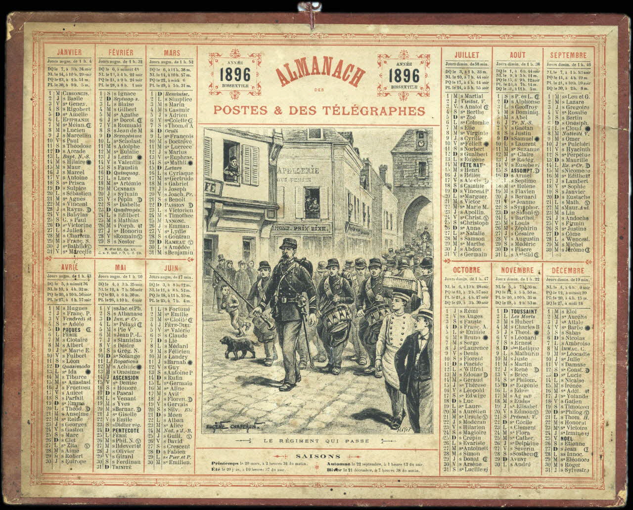 Eugène Chaperon ; Huyot ; François, Charles Oberthür calendrier 1896  ALMANACH  1896  DES  POSTES & DES TELEGRAPHES  LE REGIMENT QUI PASSE Rennes 1896 1993.2.348 Photo